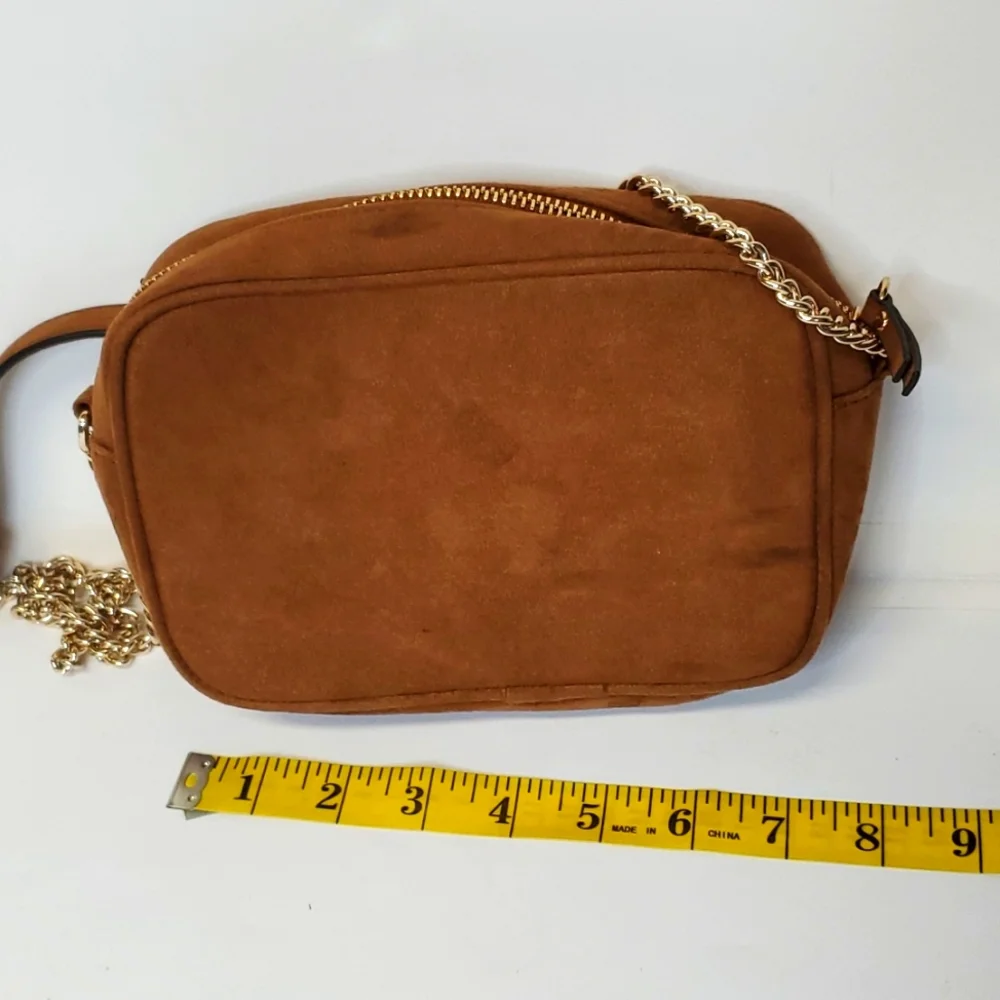 H&M Faux Brown Suede Gold Chain Crossbody Shoulder Bag Gold Accents - Picture 4 of 8